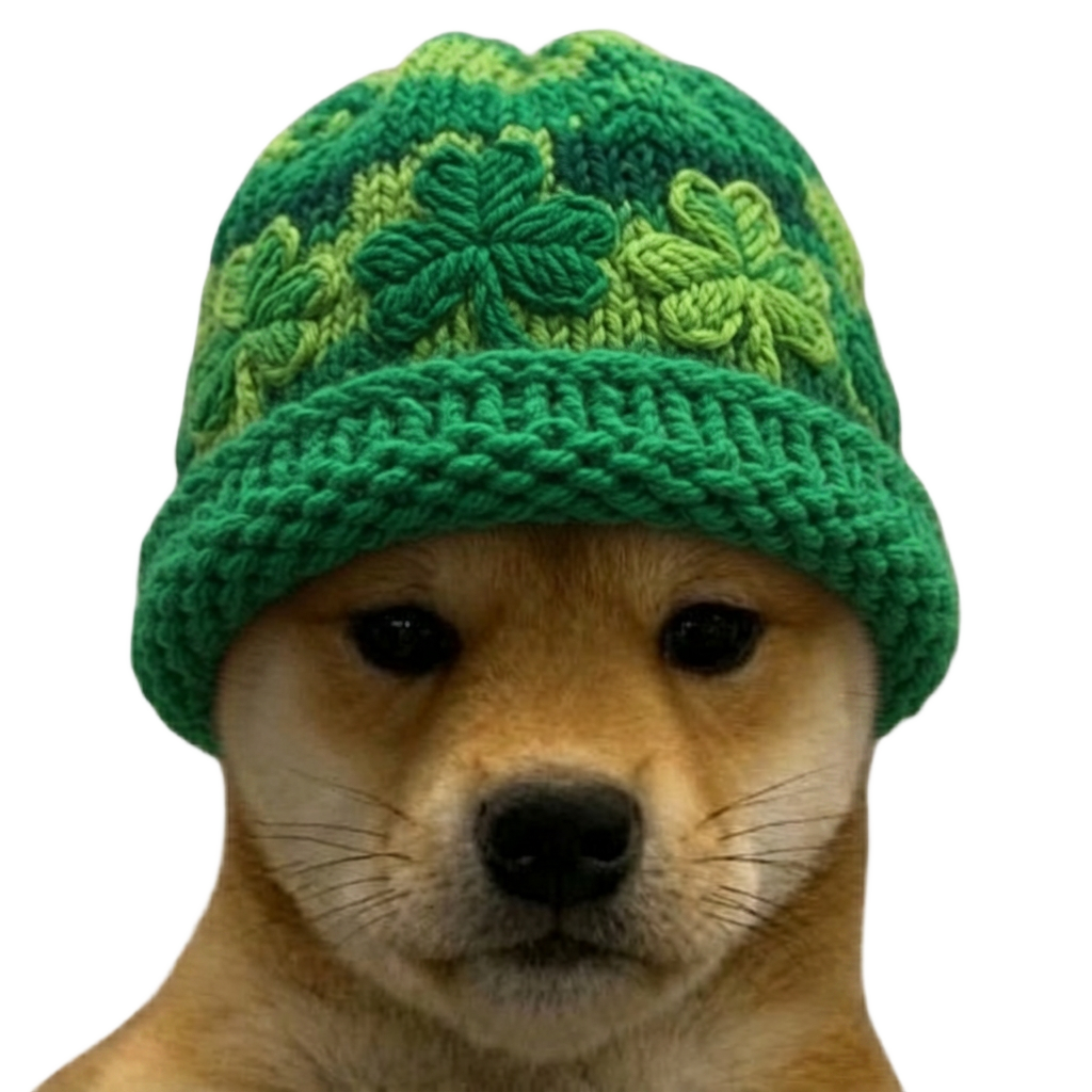 Lucky Pup, a stoic Shiba Inu wearing a green crocheted beanie covered in knitted clovers